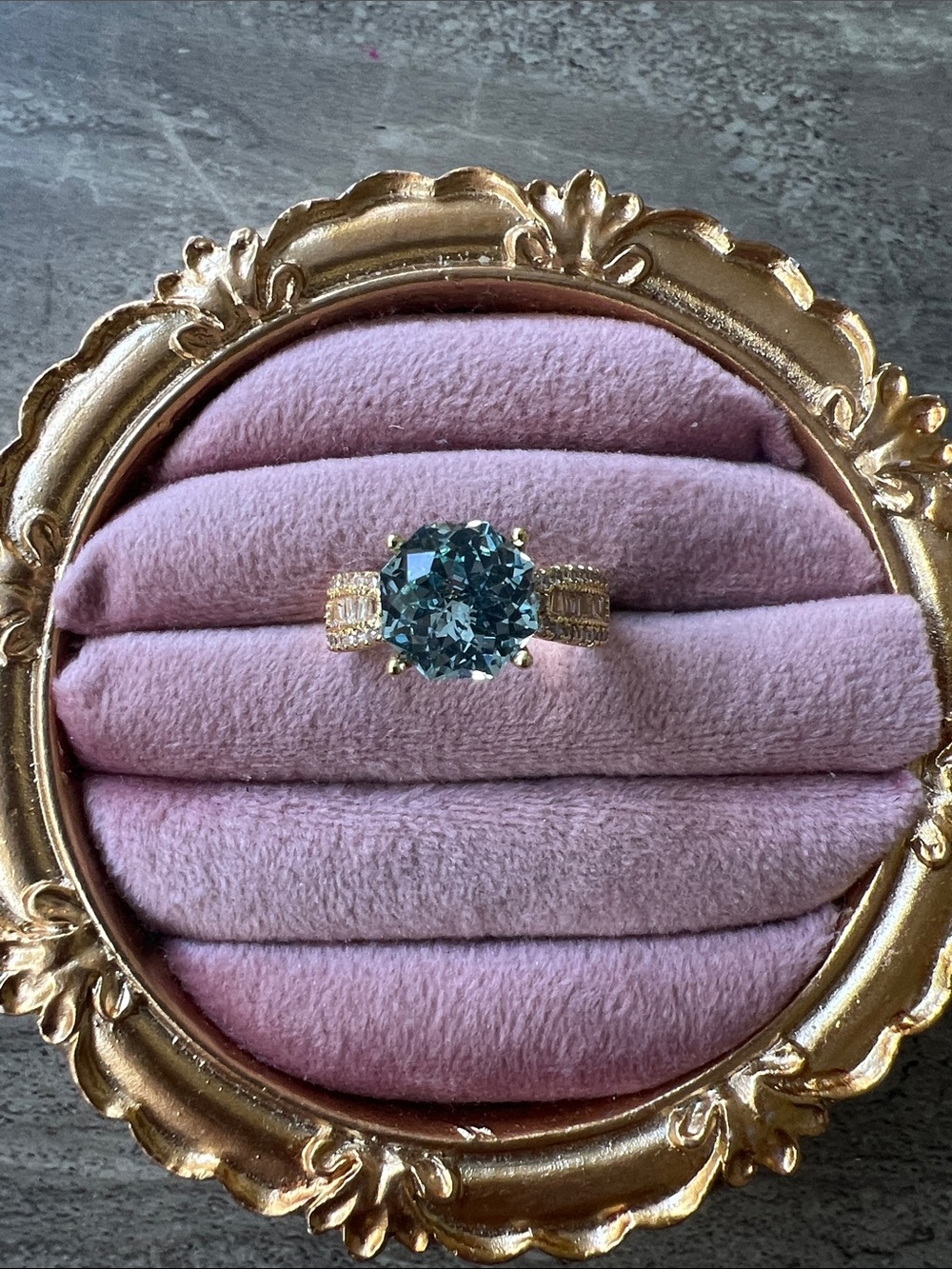 Gold plated Ring Teal Blue Center Stone - rhinestone size 8 as is but adjustable